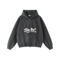 360GSM Men’s Structured Panel Raw-Edge Fleece-Lined Distressed Snow-Wash Zip-Up Hoodie Dark Grey