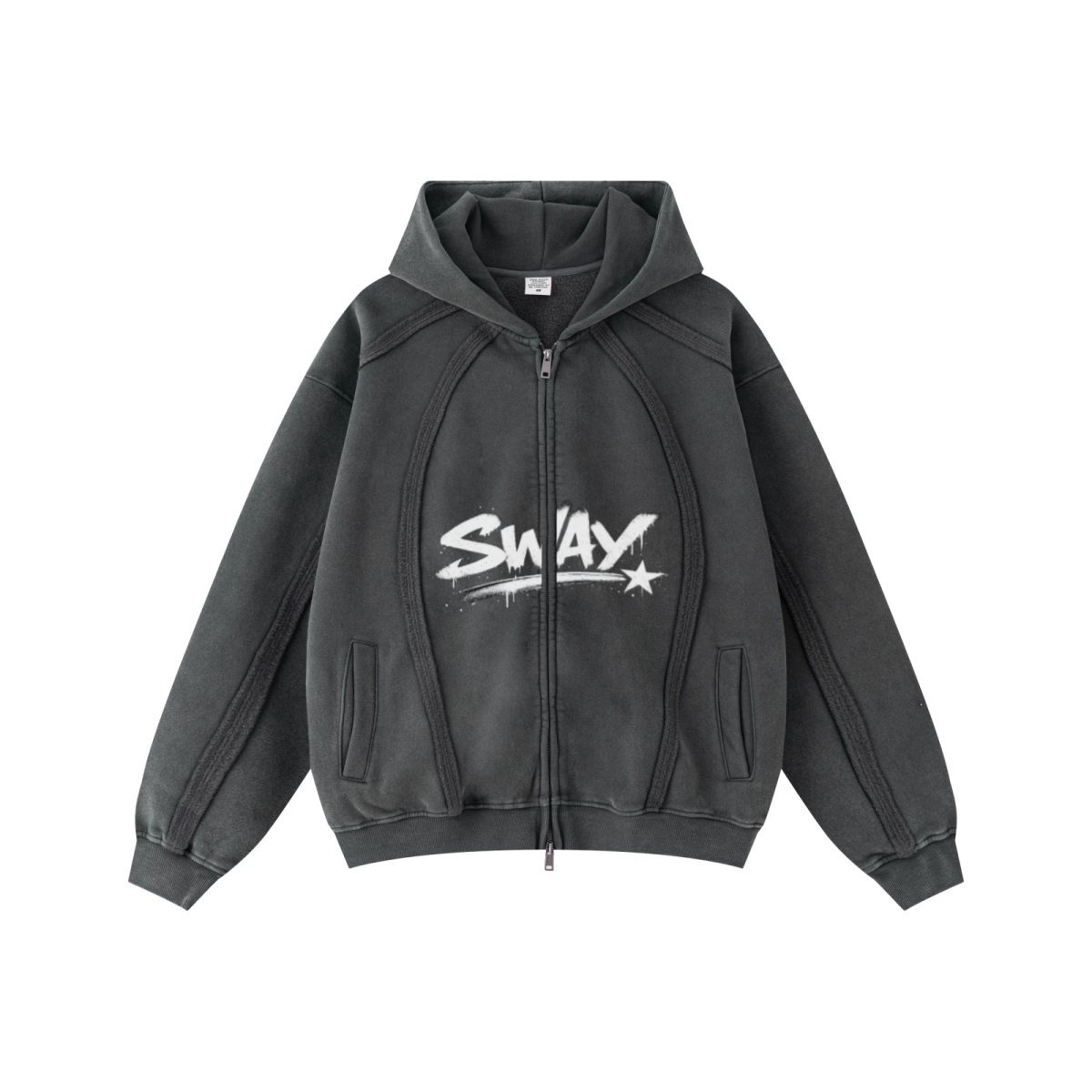 360GSM Men’s Structured Panel Raw-Edge Fleece-Lined Distressed Snow-Wash Zip-Up Hoodie Dark Grey