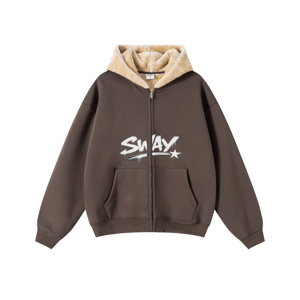 560GSM Unisex Composite Fleece Zip-Up Hoodie Brown